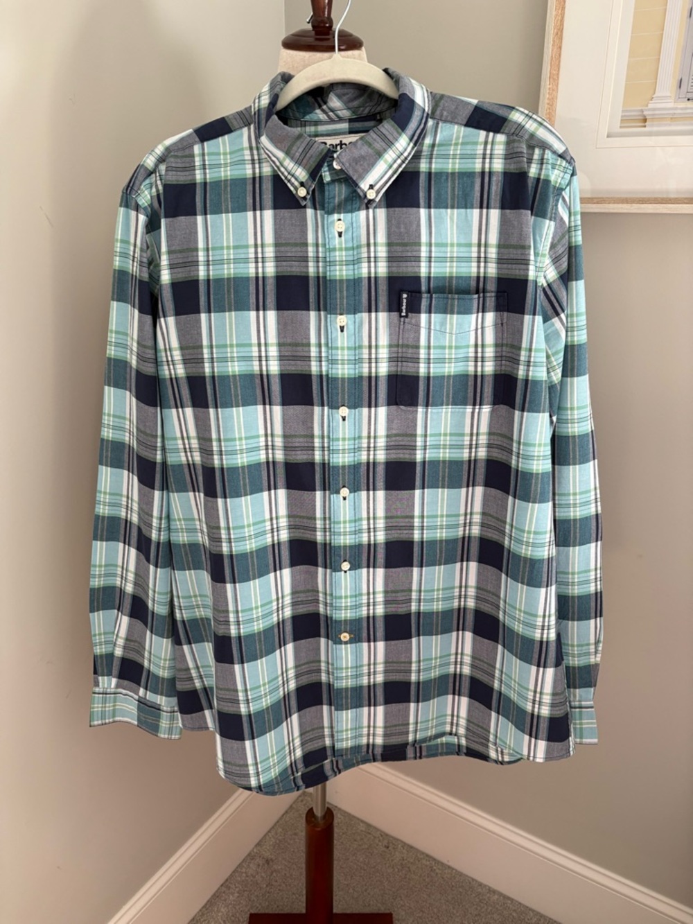 Barbour Navy, Teal & White Plaid Button-Down Shirt